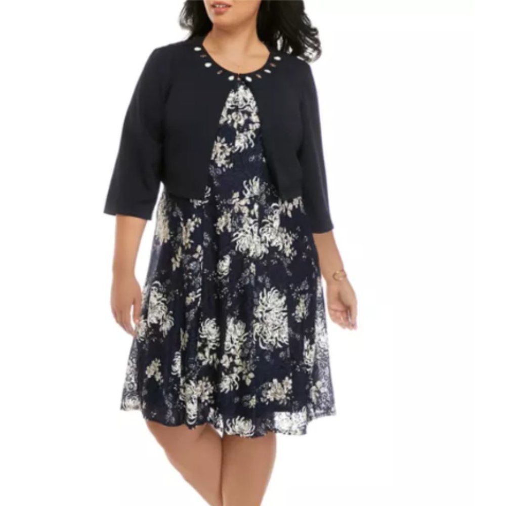 Perceptions Jeweled Jacket Over Printed Lace Fit & Flair Dress 1X
